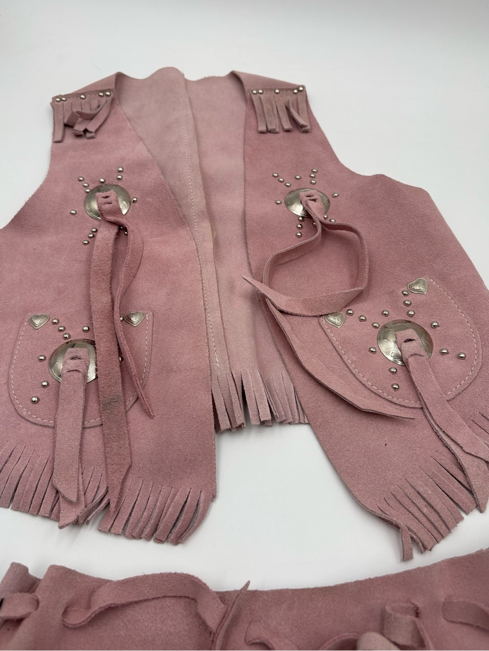 Little Outlaw Girls M Leather Cowgirl Vest Skirt Set Pink Fringe Costume - Picture 10 of 15